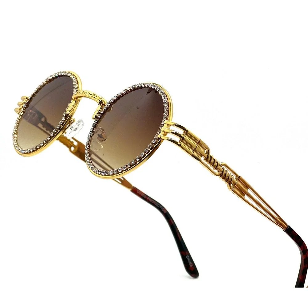 Rhinestone Sunglasses Round Gold Frame Brown Lens Men's Fashion Retro Luxury New
